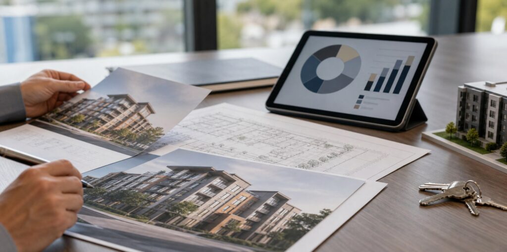 Private multifamily investment materials and rental property keys on a conference table