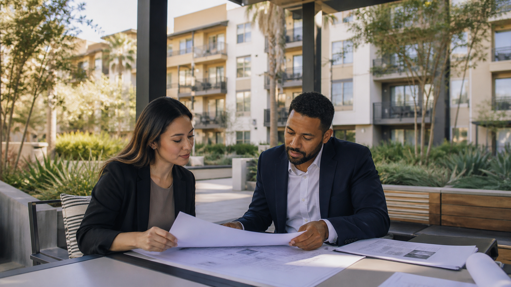 Real estate professionals reviewing leverage and loan-to-value for a multifamily property
